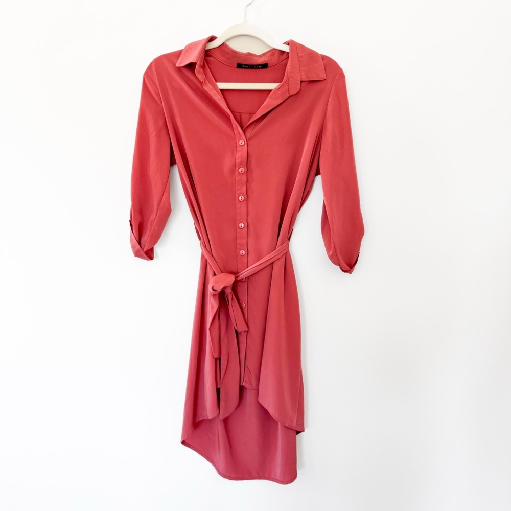 Sweet Rain Salmon Pink Button Front Tie Shirt Dress - Size Small